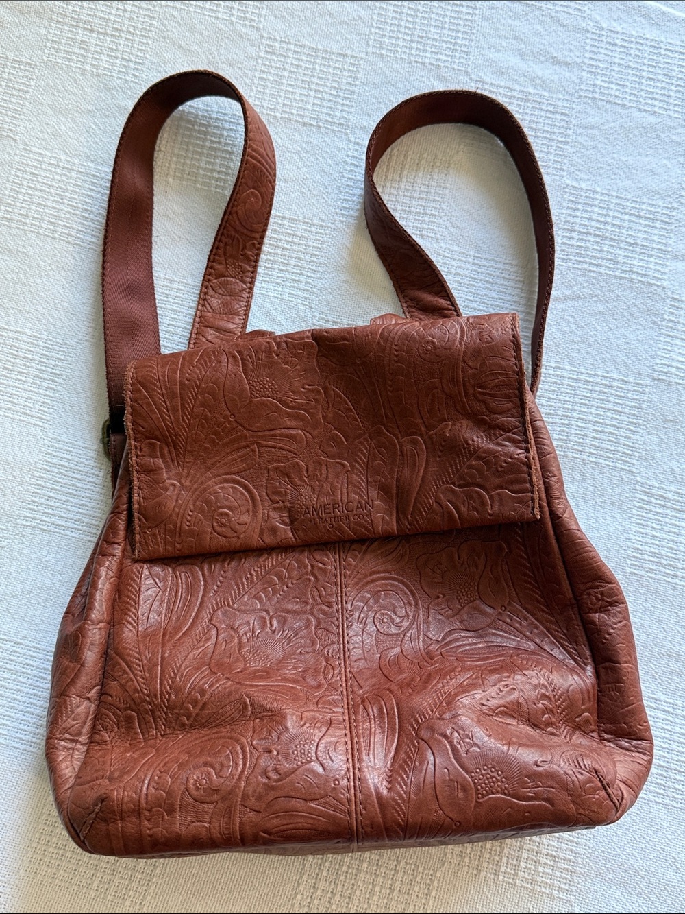 American Leather Embossed Floral Brown Backpack